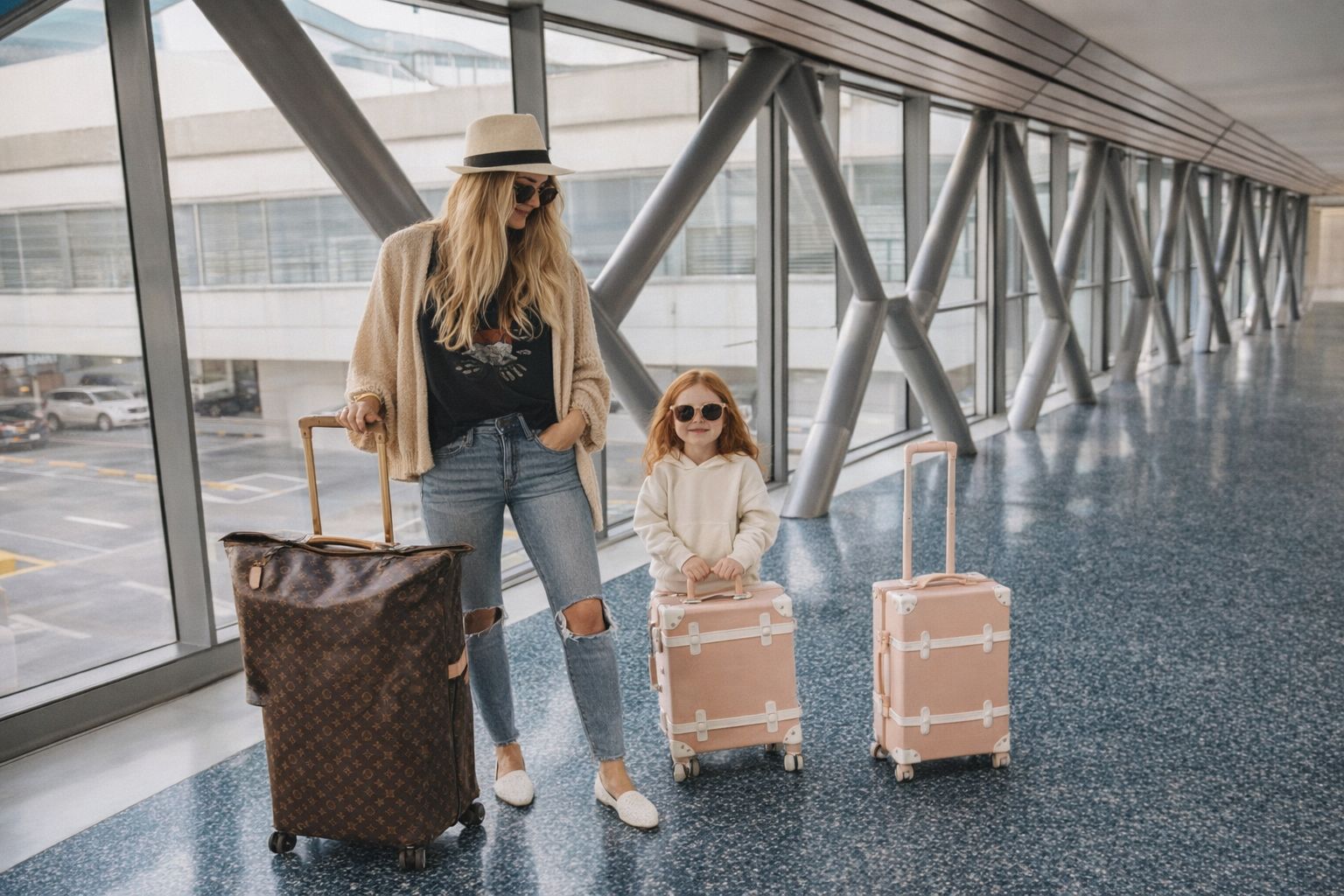 Kobieta i dziecko z bagażami na lotnisku w modnych strojach podróżnych.